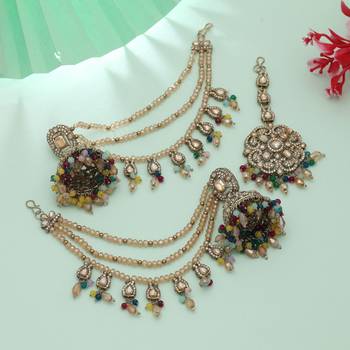 multi color kundan jhumka earrings with maang tikka set 2