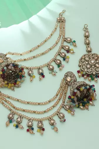 multi color kundan jhumka earrings with maang tikka set