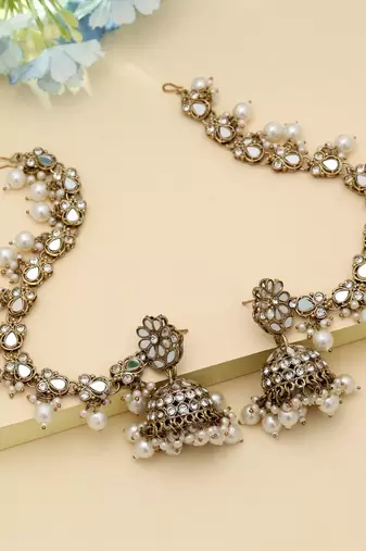 White Color Mirror Kundan Earrings Party Wear