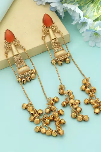 Orange Color Long Kasmiri Earrings Traditional