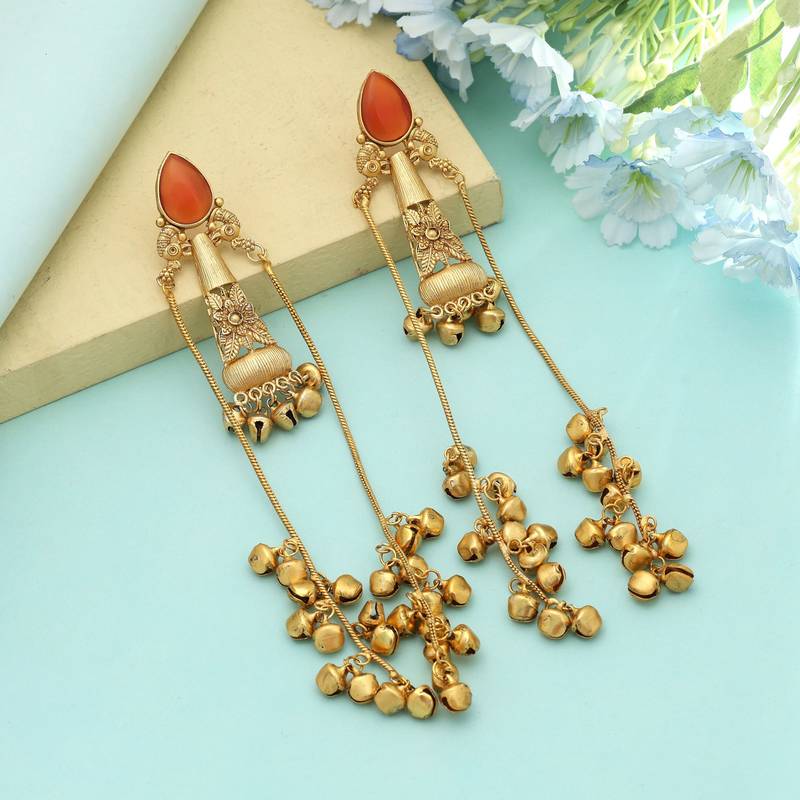 Orange Color Long Kasmiri Earrings Traditional