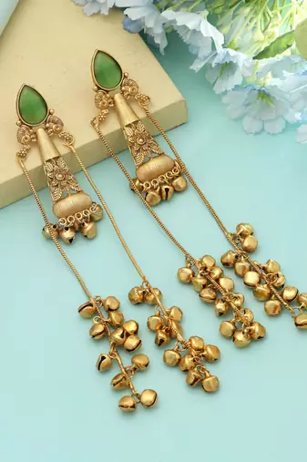 Pista Green Long Kasmiri Earrings Festive Style