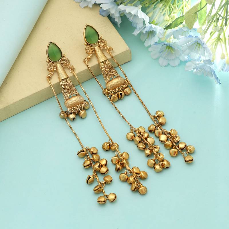 Pista Green Long Kasmiri Earrings Festive Style