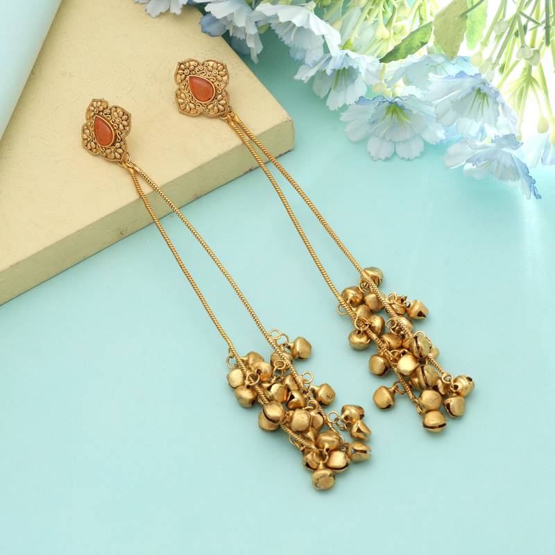 Orange Long Kasmiri Earrings Traditional Style