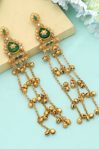 Green Long Kasmiri Earrings Natural Style