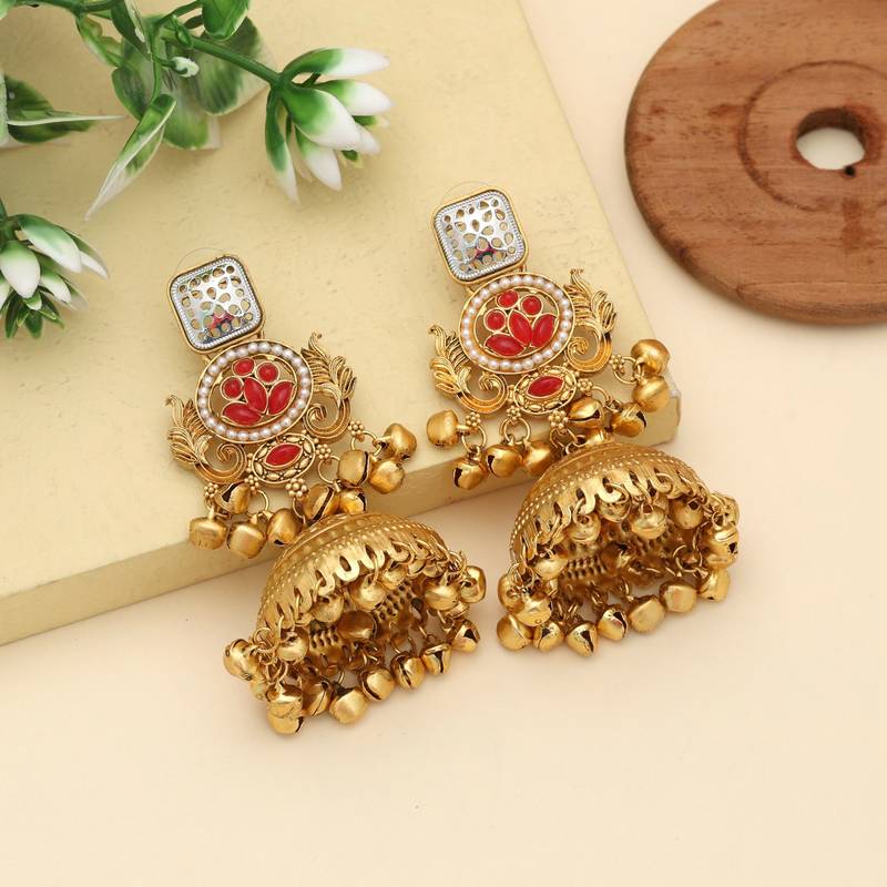 Red Jhumka Kasmiri Earrings Bridal Style