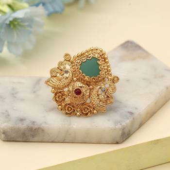 rama green gold plated floral statement ring adjustable 1