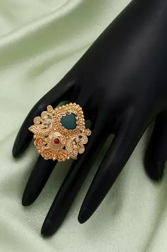 rama green gold plated floral statement ring adjustable