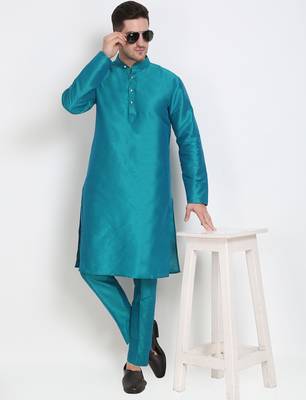 Elegant men's raw silk kurta with pants stitched in turquoise color 1