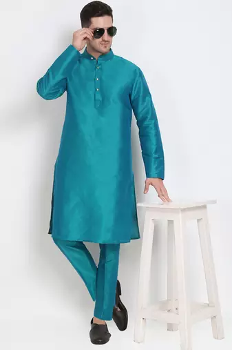 Elegant men's raw silk kurta with pants stitched in turquoise color