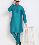 Elegant men's raw silk kurta with pants stitched in turquoise color