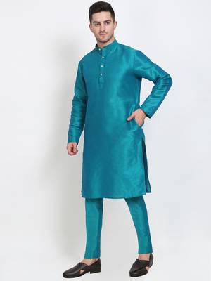 Elegant men's raw silk kurta with pants stitched in turquoise color 2