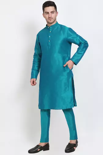 Elegant men's raw silk kurta with pants stitched in turquoise color