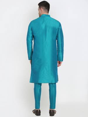Elegant men's raw silk kurta with pants stitched in turquoise color 3