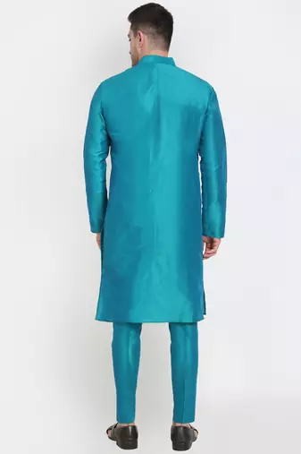 Elegant men's raw silk kurta with pants stitched in turquoise color