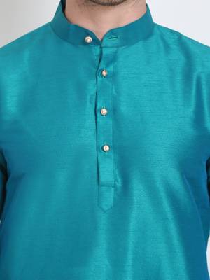 Elegant men's raw silk kurta with pants stitched in turquoise color 4