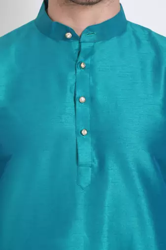 Elegant men's raw silk kurta with pants stitched in turquoise color