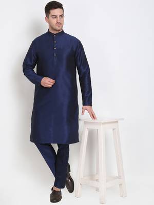 Elegant men's raw silk kurta with pants stitched dark blue color 1