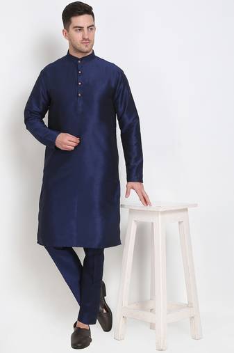 Elegant men's raw silk kurta with pants stitched dark blue color