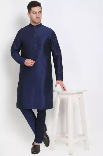 Elegant men's raw silk kurta with pants stitched dark blue color