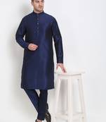Elegant men's raw silk kurta with pants stitched dark blue color