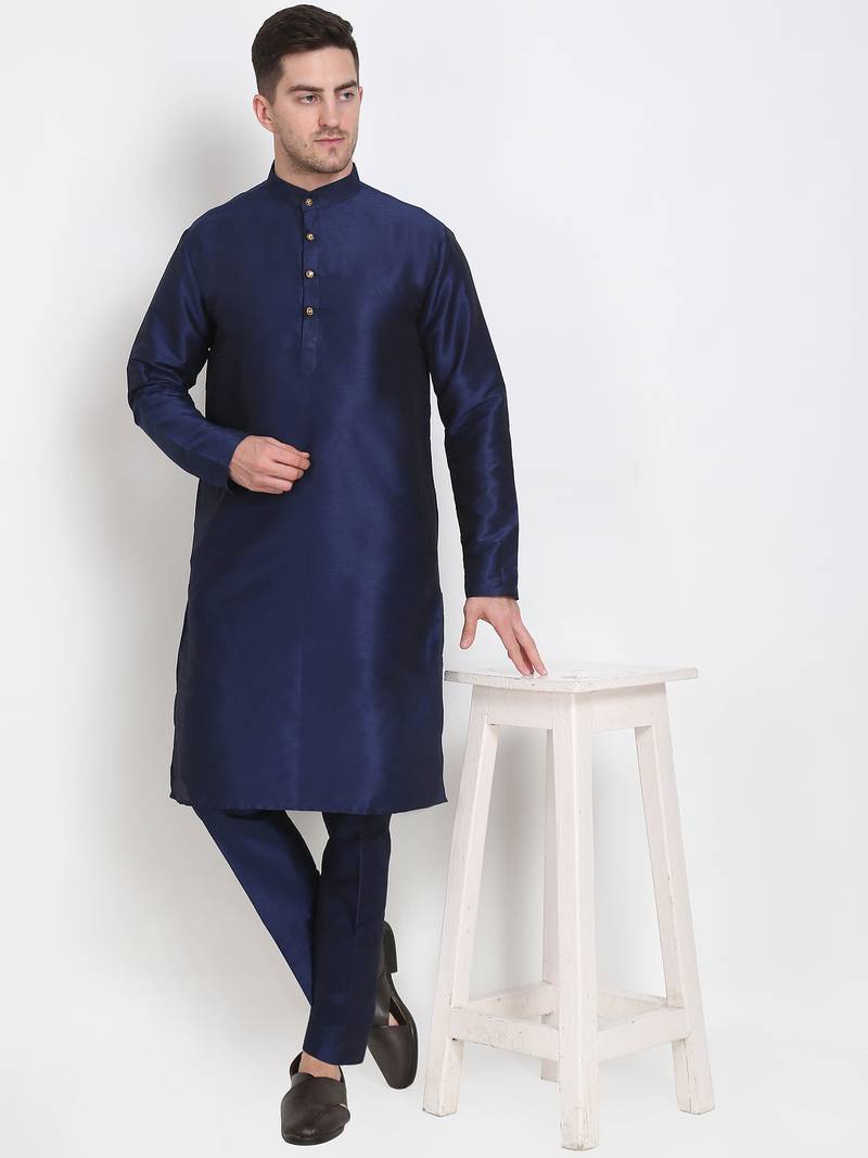 Elegant men's raw silk kurta with pants stitched dark blue color