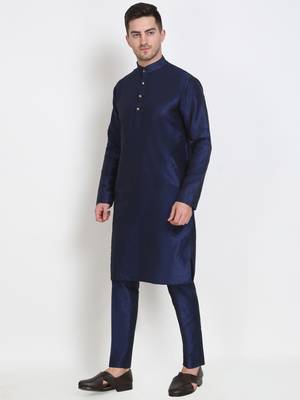 Elegant men's raw silk kurta with pants stitched dark blue color 2