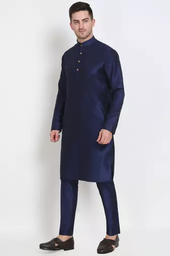 Elegant men's raw silk kurta with pants stitched dark blue color
