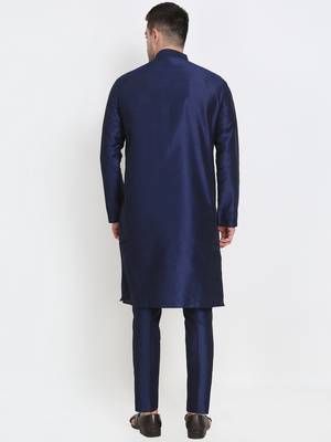 Elegant men's raw silk kurta with pants stitched dark blue color 3