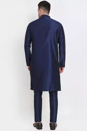 Elegant men's raw silk kurta with pants stitched dark blue color