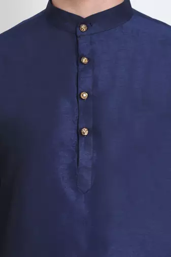 Elegant men's raw silk kurta with pants stitched dark blue color