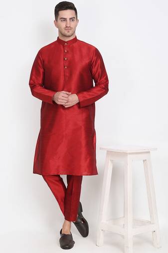 Elegant men's raw silk kurta with pants stitched maroon color
