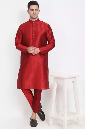 Elegant men's raw silk kurta with pants stitched maroon color