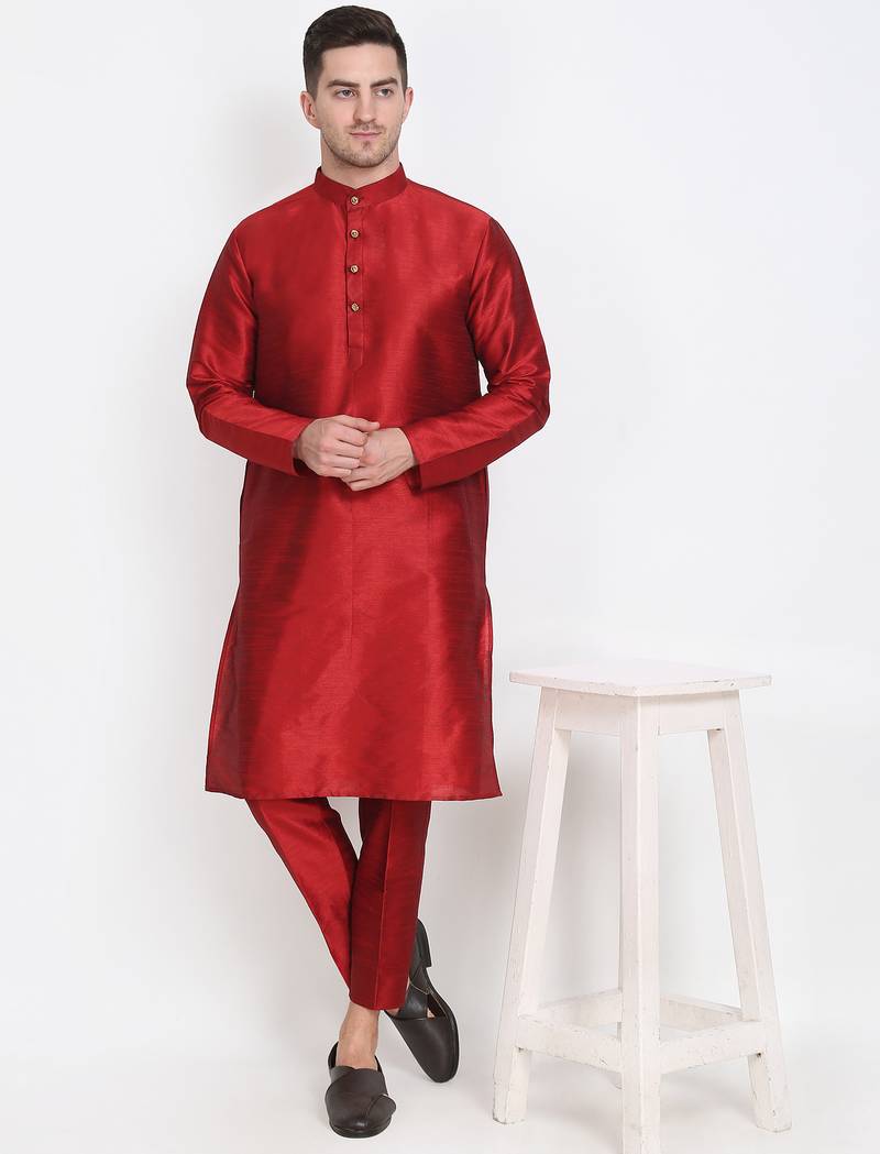 Elegant men's raw silk kurta with pants stitched maroon color