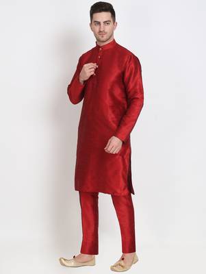 Elegant men's raw silk kurta with pants stitched maroon color 2