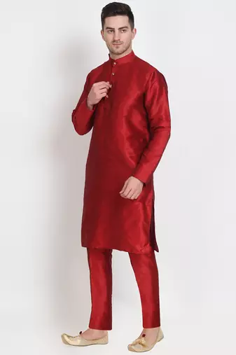 Elegant men's raw silk kurta with pants stitched maroon color