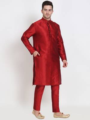 Elegant men's raw silk kurta with pants stitched maroon color 3