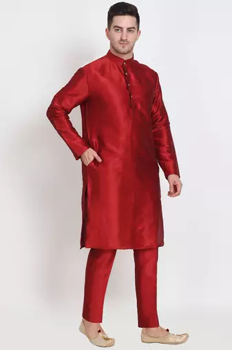 Elegant men's raw silk kurta with pants stitched maroon color