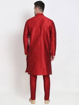 Elegant men's raw silk kurta with pants stitched maroon color 4