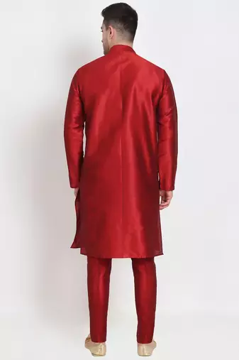 Elegant men's raw silk kurta with pants stitched maroon color