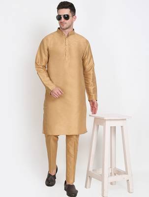 Elegant men's raw silk kurta with pants stitched golden color 1
