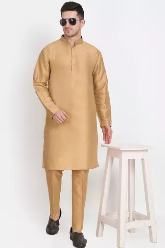 Elegant men's raw silk kurta with pants stitched golden color