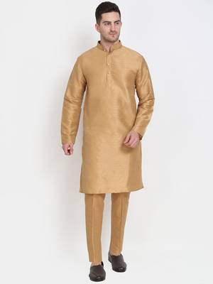 Elegant men's raw silk kurta with pants stitched golden color 2
