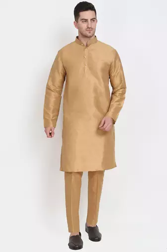 Elegant men's raw silk kurta with pants stitched golden color