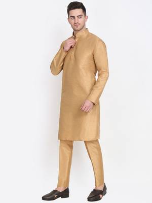 Elegant men's raw silk kurta with pants stitched golden color 3