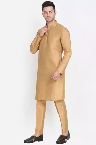 Elegant men's raw silk kurta with pants stitched golden color