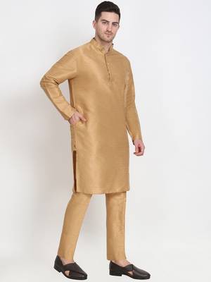 Elegant men's raw silk kurta with pants stitched golden color 4