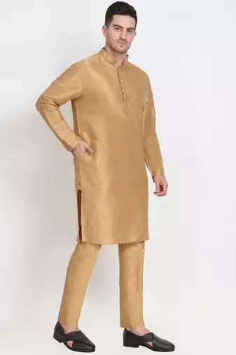 Elegant men's raw silk kurta with pants stitched golden color