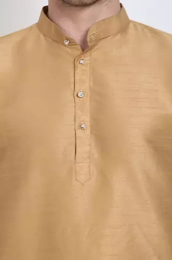 Elegant men's raw silk kurta with pants stitched golden color