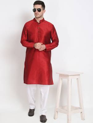 Men's raw silk maroon kurta with cotton pant set 1